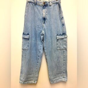 Zara Wide Leg Cargo Jeans Small Blue 100% Cotton Casual Denim Streetwear Baggy